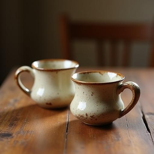Due tazze da caffè artigianali, dalla forma ergonomica, con smalto screziato e impugnatura comoda, posate su un tavolo di legno antico.